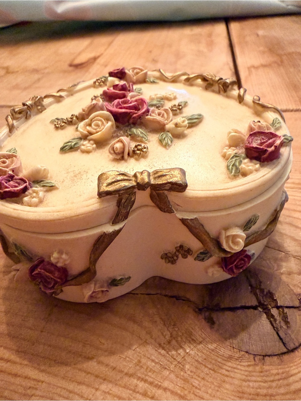 Vintage Dezine Heart-Shaped Floral Trinket Box Cream Pink Roses Hand Painted - Picture 6 of 16